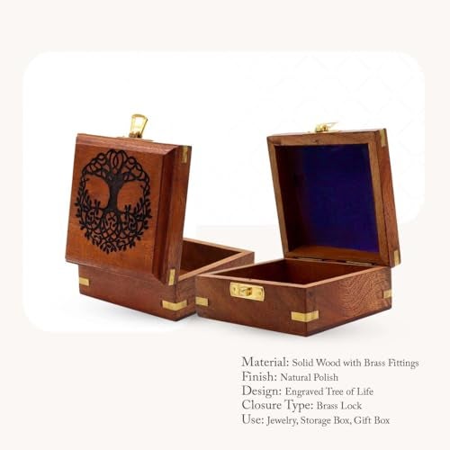 DOLLOND & CO. Handmade Wooden Tree of Life Box Brass Inlay Jewellery Keepsake Organizer Rustic Brown Vintage Trinket Box for Tarot Crystals Gifts Sustainable Wood Storage Box 10x10x55 cm - Image 3