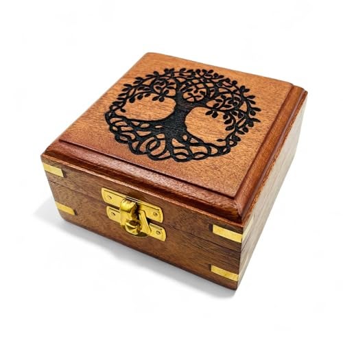 DOLLOND & CO. Handmade Wooden Tree of Life Box Brass Inlay Jewellery Keepsake Organizer Rustic Brown Vintage Trinket Box for Tarot Crystals Gifts Sustainable Wood Storage Box 10x10x55 cm - Image 1