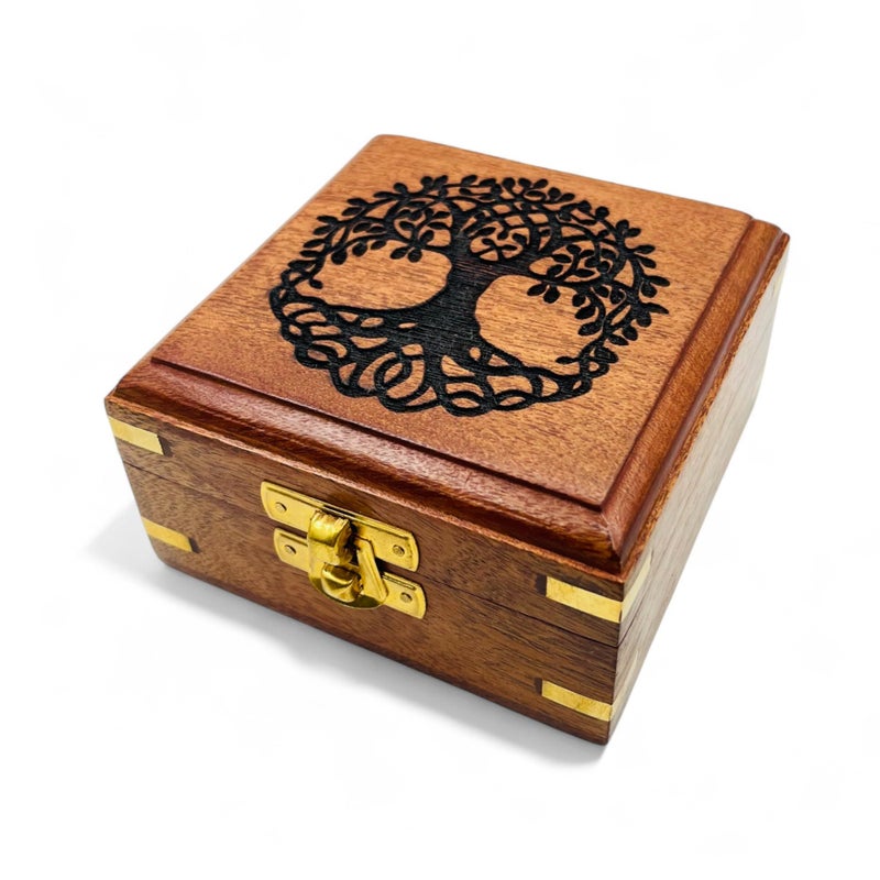 DOLLOND & CO. Handmade Wooden Tree of Life Box Brass Inlay Jewellery Keepsake Organizer Rustic Brown Vintage Trinket Box for Tarot Crystals Gifts Sustainable Wood Storage Box 10x10x55 cm - Image 2