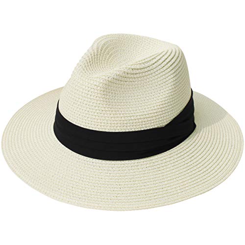 Lanzom Women Wide Brim Straw Panama Roll up Hat Fedora Beach Sun Hat UPF50+(02-fold Belt Beige,Large-X-Large) - Image 1