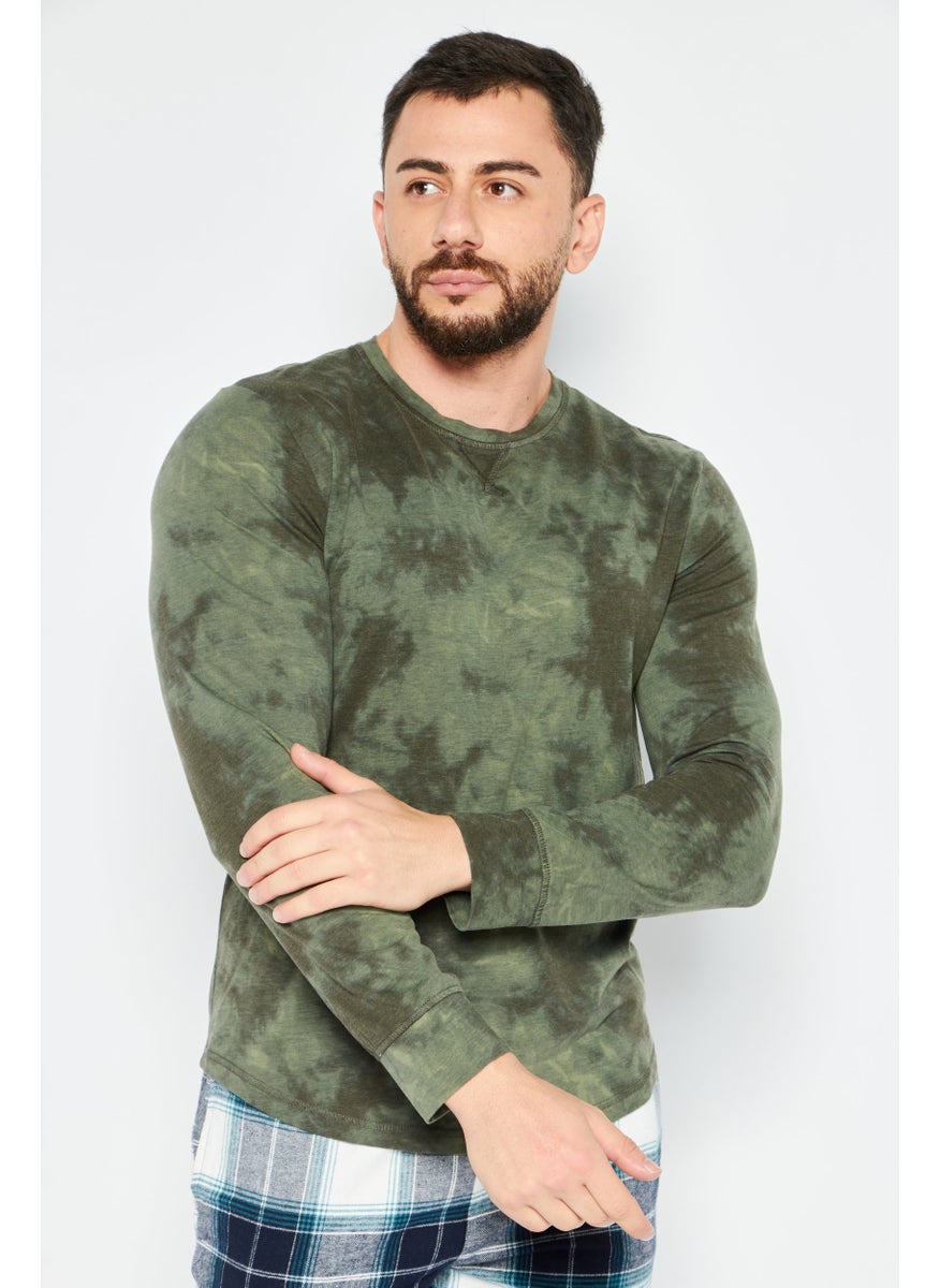 Sun Stone Men Tie-Dye Long Sleeves Pyjama Top, Olive  - Image 1