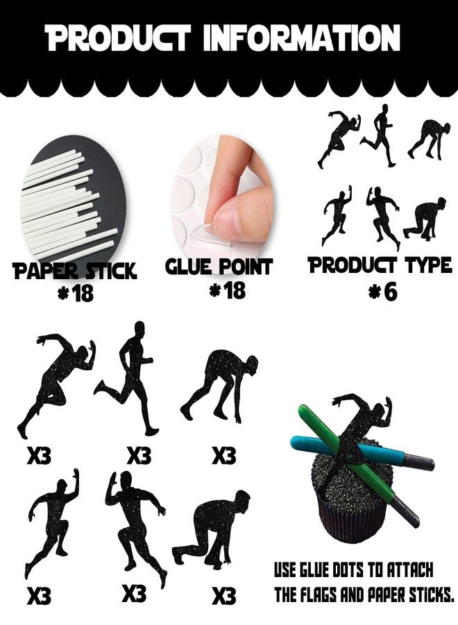 LETLIMIT 18pcs Black Glitter Silhouette Run Dessert Cupcake Topper Pace Running Track Cross Country Marathon Theme Decorations Men Women Boys Girls Happy Birthday Party Decor Supplies - Image 4