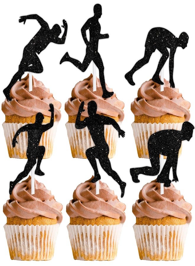 LETLIMIT 18pcs Black Glitter Silhouette Run Dessert Cupcake Topper Pace Running Track Cross Country Marathon Theme Decorations Men Women Boys Girls Happy Birthday Party Decor Supplies - Image 1
