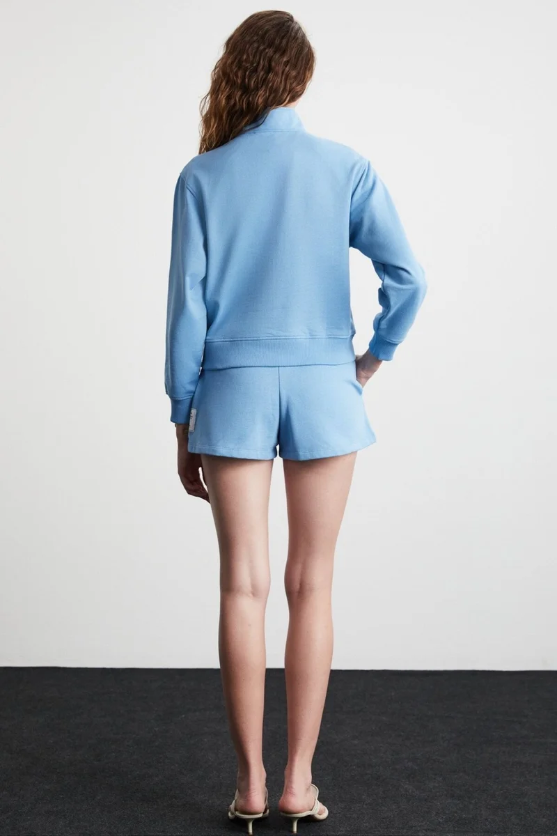 جريميلانج Danixa Women's 3 Yarn Ribbed Decorative Label Detailed Mini Blue Shorts