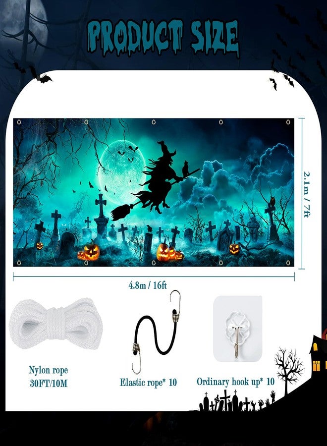 ATTGREAT Halloween Garage Door Cover Decorations 7x16FT Large Witch Backdrop Banner Photo Graveyard Pumpkin Skull Black Cat for Home Party Outdoor Yard Holiday Wall Decorations - Image 3