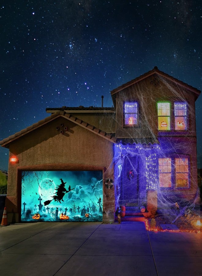 ATTGREAT Halloween Garage Door Cover Decorations 7x16FT Large Witch Backdrop Banner Photo Graveyard Pumpkin Skull Black Cat for Home Party Outdoor Yard Holiday Wall Decorations - Image 2