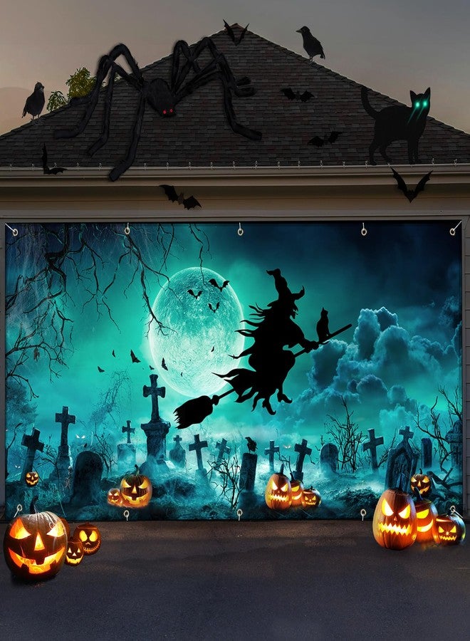 ATTGREAT Halloween Garage Door Cover Decorations 7x16FT Large Witch Backdrop Banner Photo Graveyard Pumpkin Skull Black Cat for Home Party Outdoor Yard Holiday Wall Decorations - Image 1