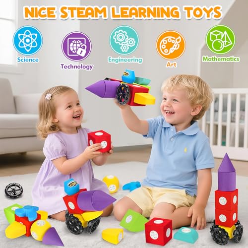 Hodurgyi 15 PCS Magnetic Foam Blocks STEM Preschool Toys for Children Magnetic Building Blocks for Toddlers Kids Bath Toys and Montessori Sensory Toys Birthday for Boys Girls Age 3 4 5 6 - Image 5