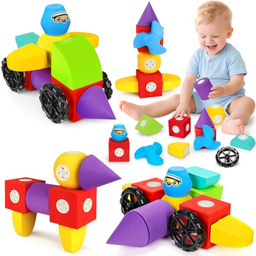 Hodurgyi 15 PCS Magnetic Foam Blocks STEM Preschool Toys for Children Magnetic Building Blocks for Toddlers Kids Bath Toys and Montessori Sensory Toys Birthday for Boys Girls Age 3 4 5 6 - Image 1