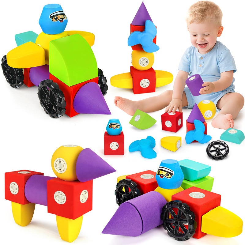 Hodurgyi 15 PCS Magnetic Foam Blocks STEM Preschool Toys for Children Magnetic Building Blocks for Toddlers Kids Bath Toys and Montessori Sensory Toys Birthday for Boys Girls Age 3 4 5 6 - Image 3
