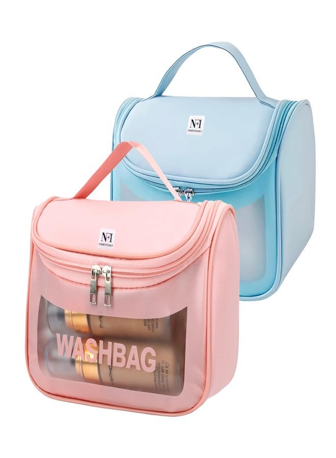 NFI essentials PU Transparent Cosmetic Organizer Bag with Hook, Washbag Pouch Travel Makeup Bag Portable Carry Toiletry Storage Bag Makeup Pouch for Women Girls Pack of 2 - Image 1