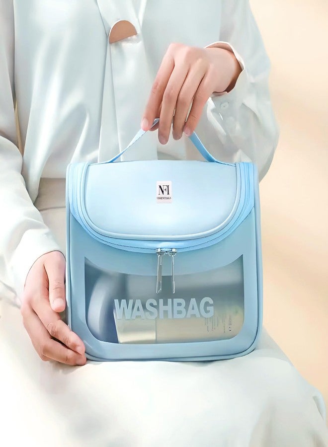 NFI essentials PU Transparent Cosmetic Organizer Bag with Hook, Washbag Pouch Travel Makeup Bag Portable Carry Toiletry Storage Bag Makeup Pouch for Women Girls Pack of 2 - Image 3