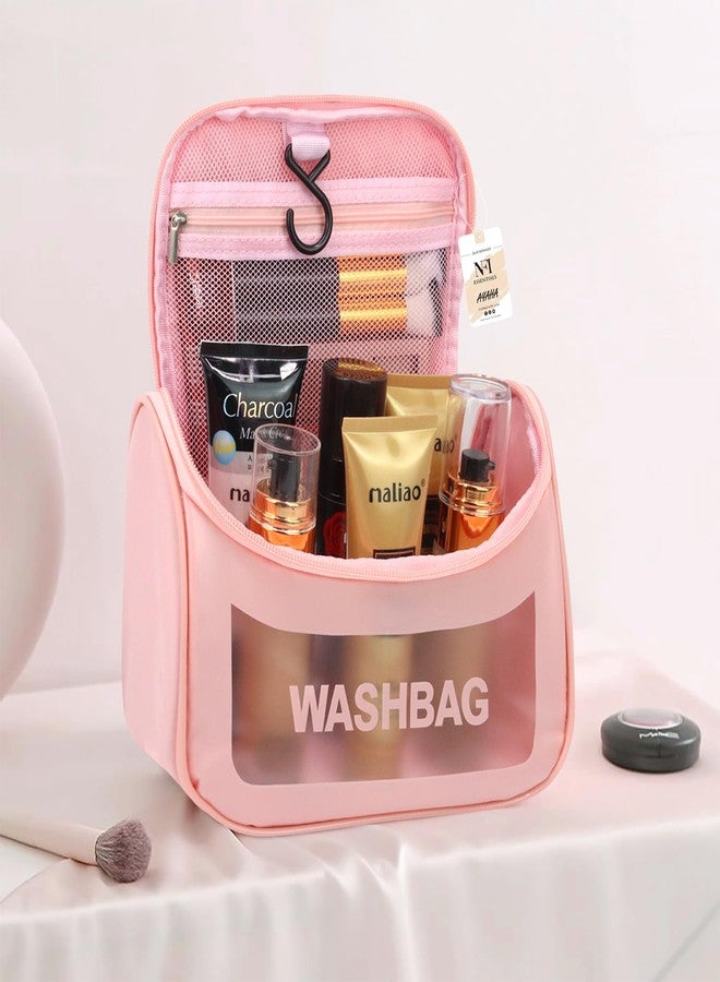 NFI essentials PU Transparent Cosmetic Organizer Bag with Hook, Washbag Pouch Travel Makeup Bag Portable Carry Toiletry Storage Bag Makeup Pouch for Women Girls Pack of 2 - Image 2
