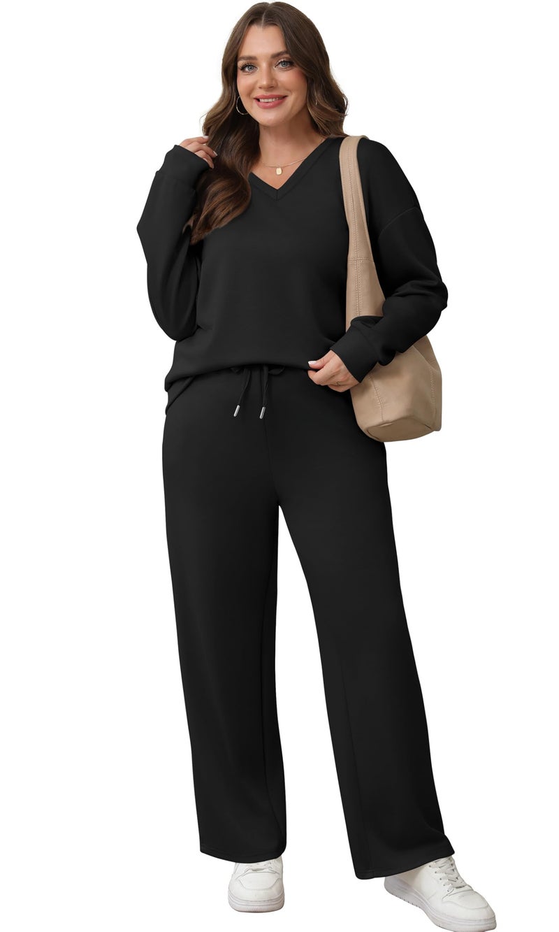 WIHOLL 2 Piece Sets for Women Travel Airport Outfits for Women 2026 Womens Fall Fashion 2026 Must Haves Lounge Sets Two Piece Outfits Wide Leg Pants Comfy Matching Set Early Winter Clothing Black XL - Image 4