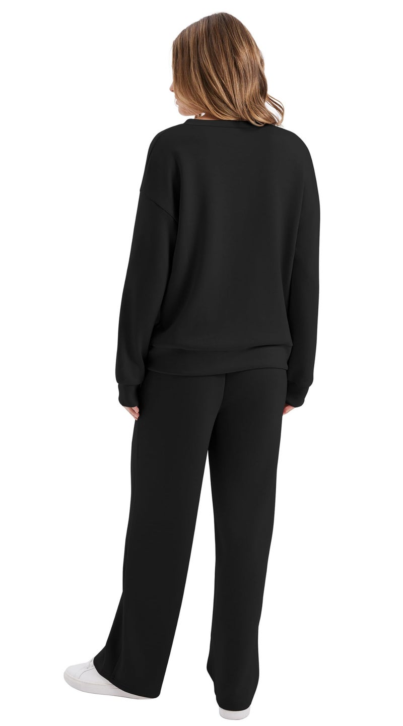 WIHOLL 2 Piece Sets for Women Travel Airport Outfits for Women 2026 Womens Fall Fashion 2026 Must Haves Lounge Sets Two Piece Outfits Wide Leg Pants Comfy Matching Set Early Winter Clothing Black XL - Image 5