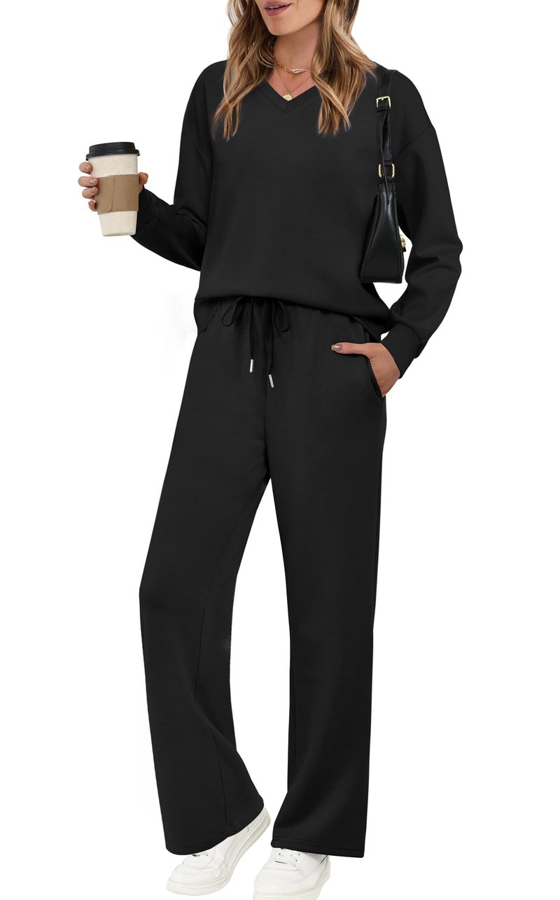 WIHOLL 2 Piece Sets for Women Travel Airport Outfits for Women 2026 Womens Fall Fashion 2026 Must Haves Lounge Sets Two Piece Outfits Wide Leg Pants Comfy Matching Set Early Winter Clothing Black XL - Image 1