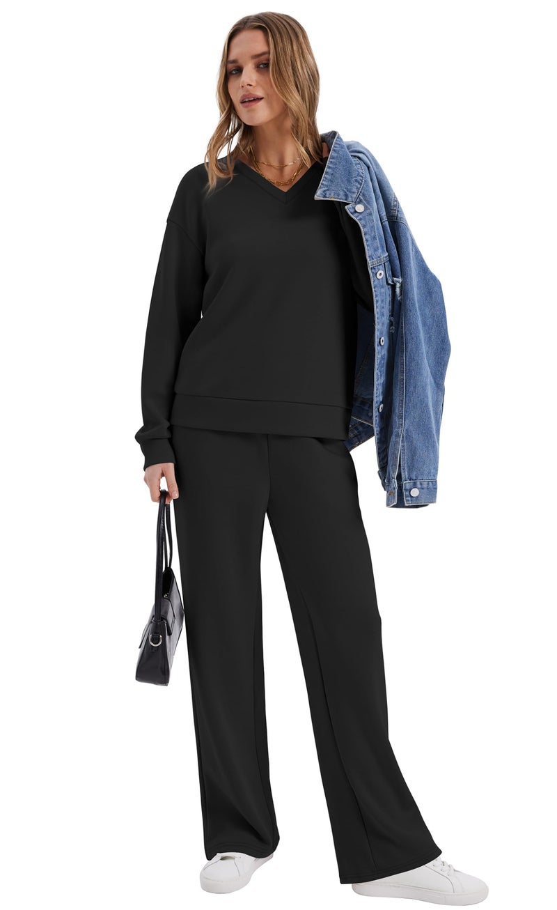 WIHOLL 2 Piece Sets for Women Travel Airport Outfits for Women 2026 Womens Fall Fashion 2026 Must Haves Lounge Sets Two Piece Outfits Wide Leg Pants Comfy Matching Set Early Winter Clothing Black XL - Image 3