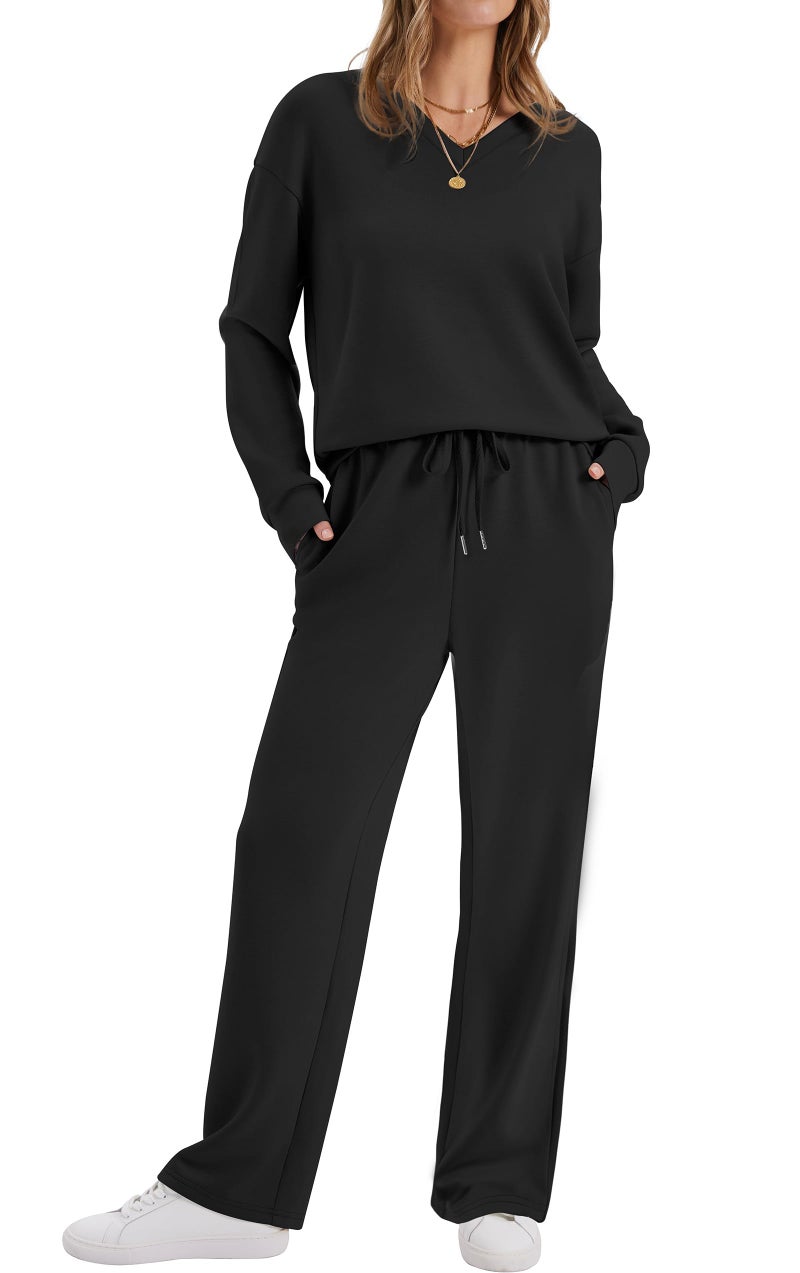 WIHOLL 2 Piece Sets for Women Travel Airport Outfits for Women 2026 Womens Fall Fashion 2026 Must Haves Lounge Sets Two Piece Outfits Wide Leg Pants Comfy Matching Set Early Winter Clothing Black XL - Image 2