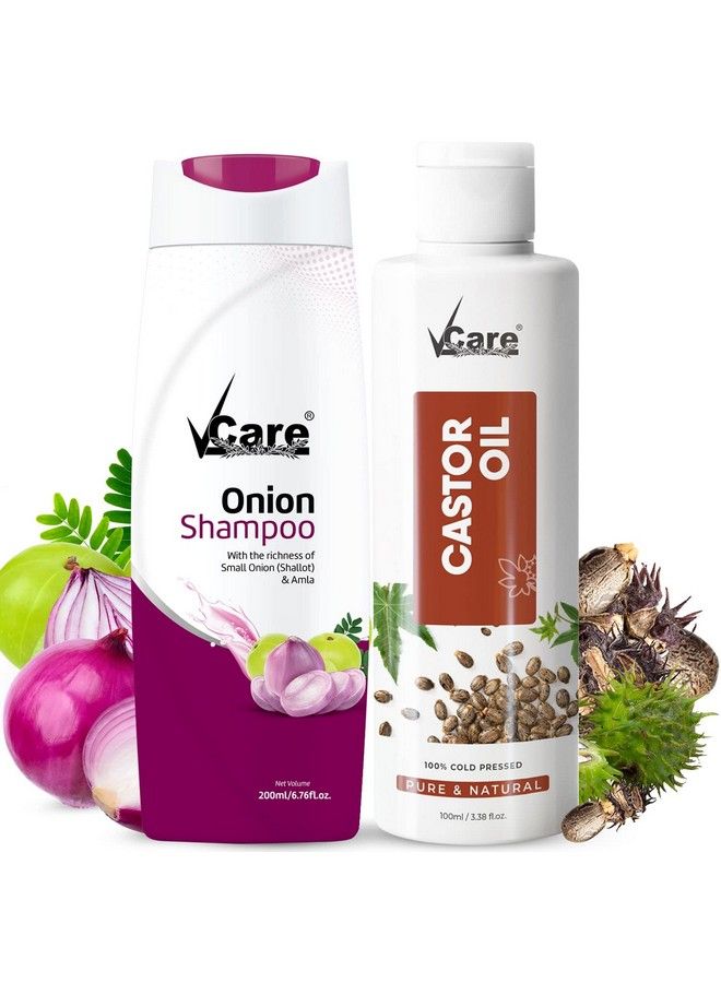 VCare Small Onion Shampoo For Hair Growth 200Ml And Cold Pressed Extra Virgin Cold Pressed Castor Oil For Hair Skin Care Moisturizing Dry Skin Nails Eyelash For All Skin Type Hair Care Combo - Image 2