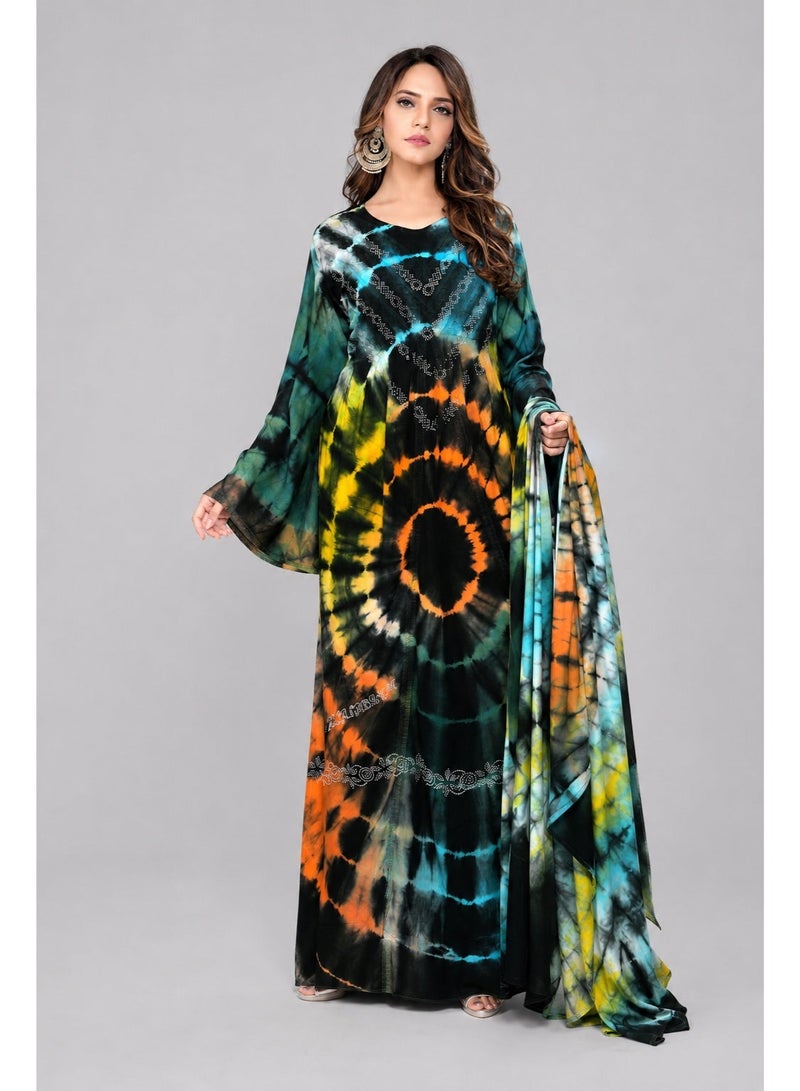 Women’s Multicolor Tie-Dye Anarkali Dress with Bell Sleeves – Full Length Flowy Kaftan Style Ethnic Maxi Dress - Image 1