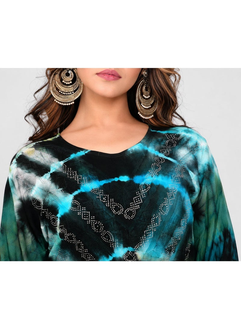 Women’s Multicolor Tie-Dye Anarkali Dress with Bell Sleeves – Full Length Flowy Kaftan Style Ethnic Maxi Dress - Image 3