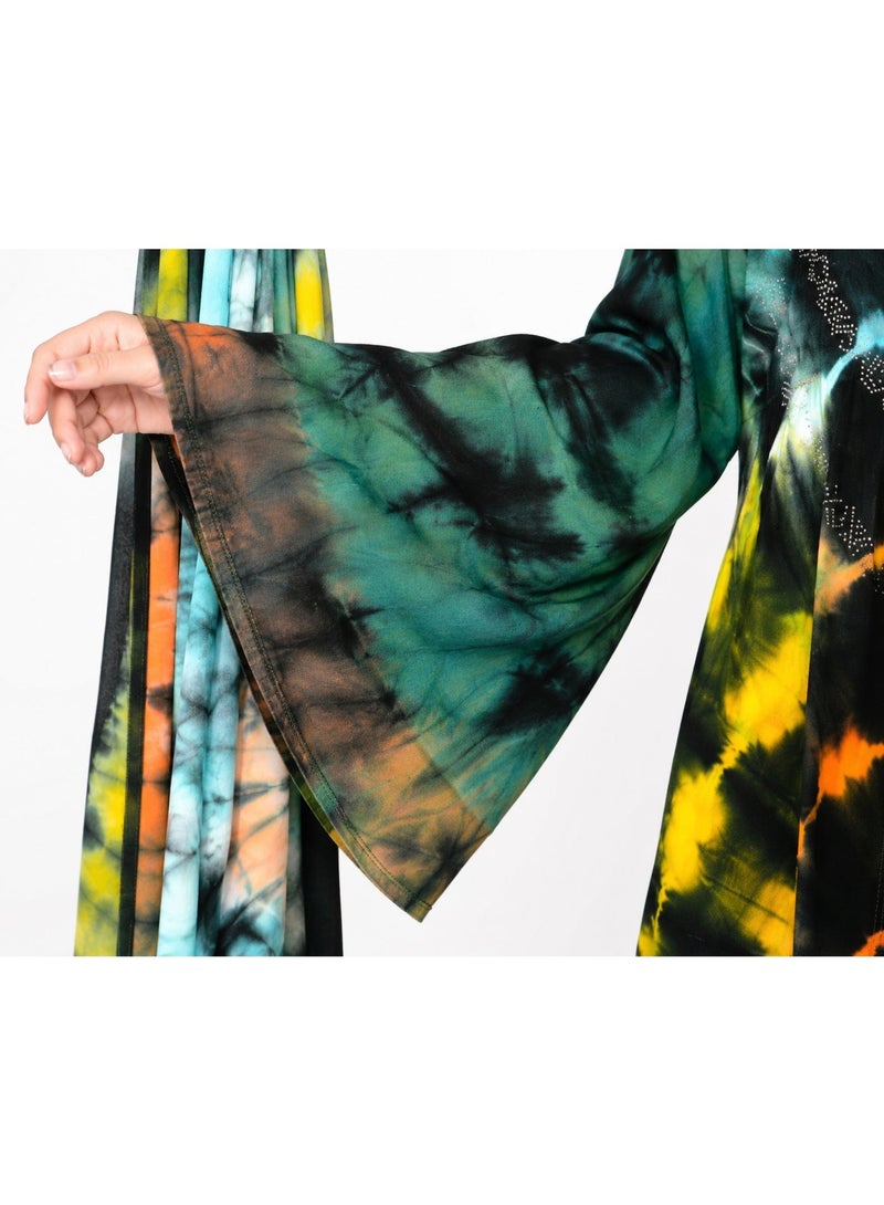 Women’s Multicolor Tie-Dye Anarkali Dress with Bell Sleeves – Full Length Flowy Kaftan Style Ethnic Maxi Dress - Image 2