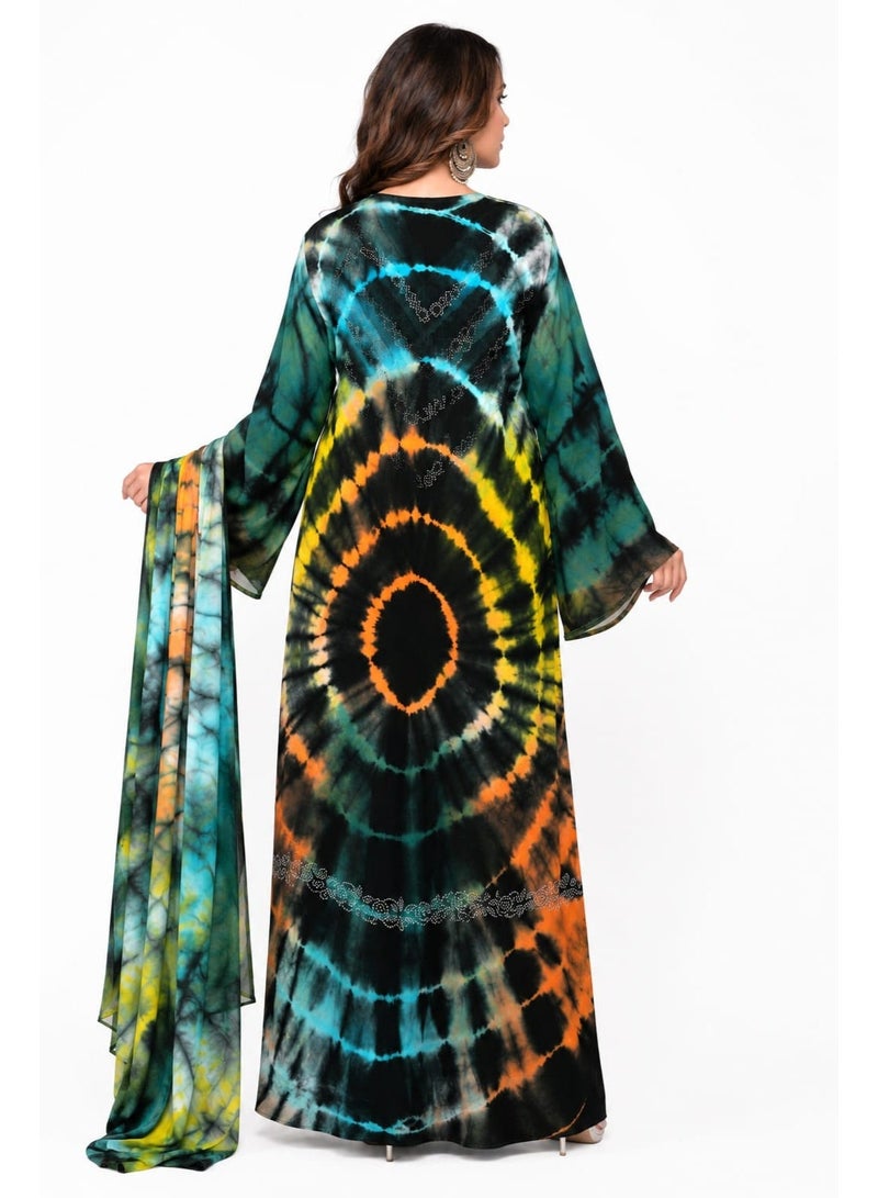 Women’s Multicolor Tie-Dye Anarkali Dress with Bell Sleeves – Full Length Flowy Kaftan Style Ethnic Maxi Dress - Image 4
