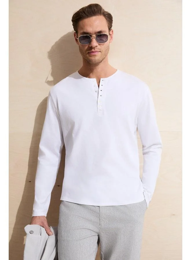Grimelange BOHINJ Men's Soft and Organic Cotton Classic Collar Button-Down Long Sleeve White T-Shirt.
