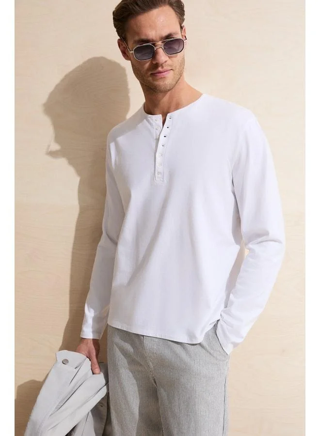 Grimelange BOHINJ Men's Soft and Organic Cotton Classic Collar Button-Down Long Sleeve White T-Shirt.
