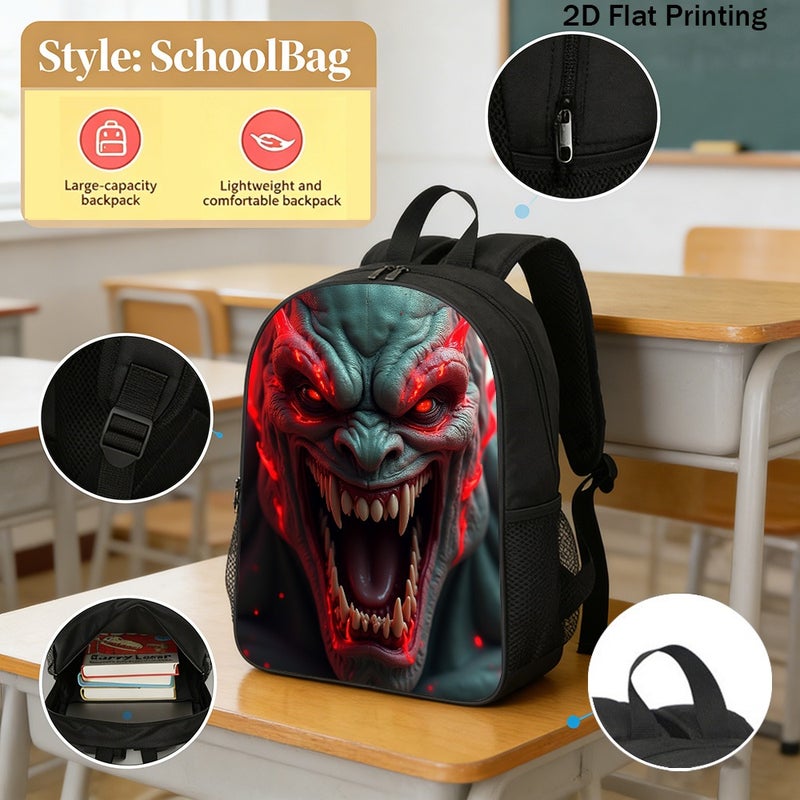School fierce demon monster face Backpack Lightweight Water Resistant 2D Flat Print for travel outdoor party for Students - Image 2