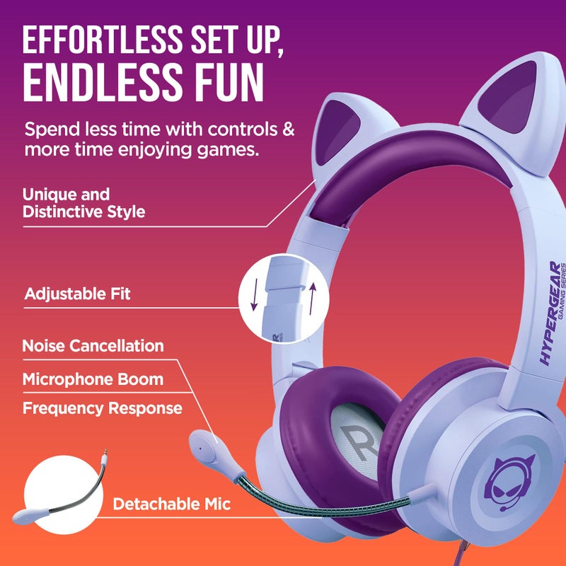 HyperGear Kombat Kitty Headphones for Kids Headphones with Cord Cute Cat Ear Kid Wired (Purple) Gaming Headset for Girls w/Mic Toddler Corded Headphone for Kids for School, Home, Streaming, Recording - Image 3