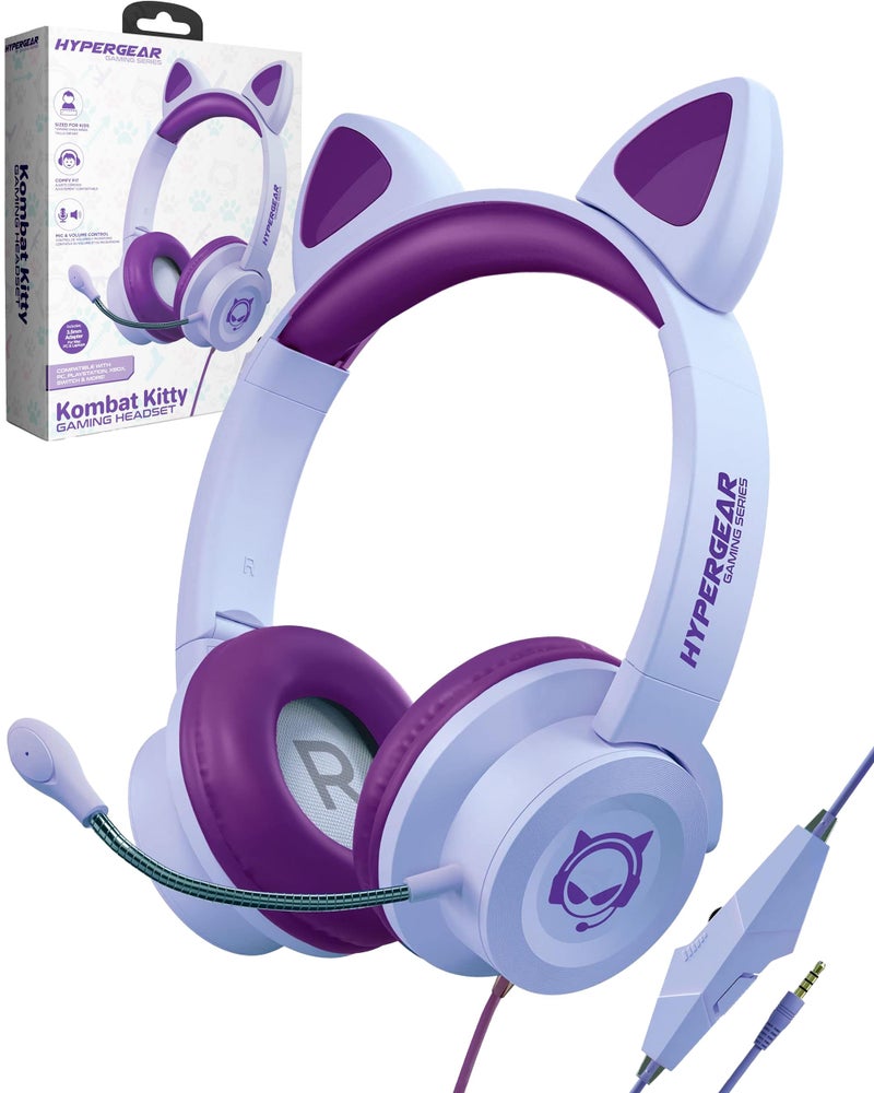 HyperGear Kombat Kitty Headphones for Kids Headphones with Cord Cute Cat Ear Kid Wired (Purple) Gaming Headset for Girls w/Mic Toddler Corded Headphone for Kids for School, Home, Streaming, Recording - Image 1