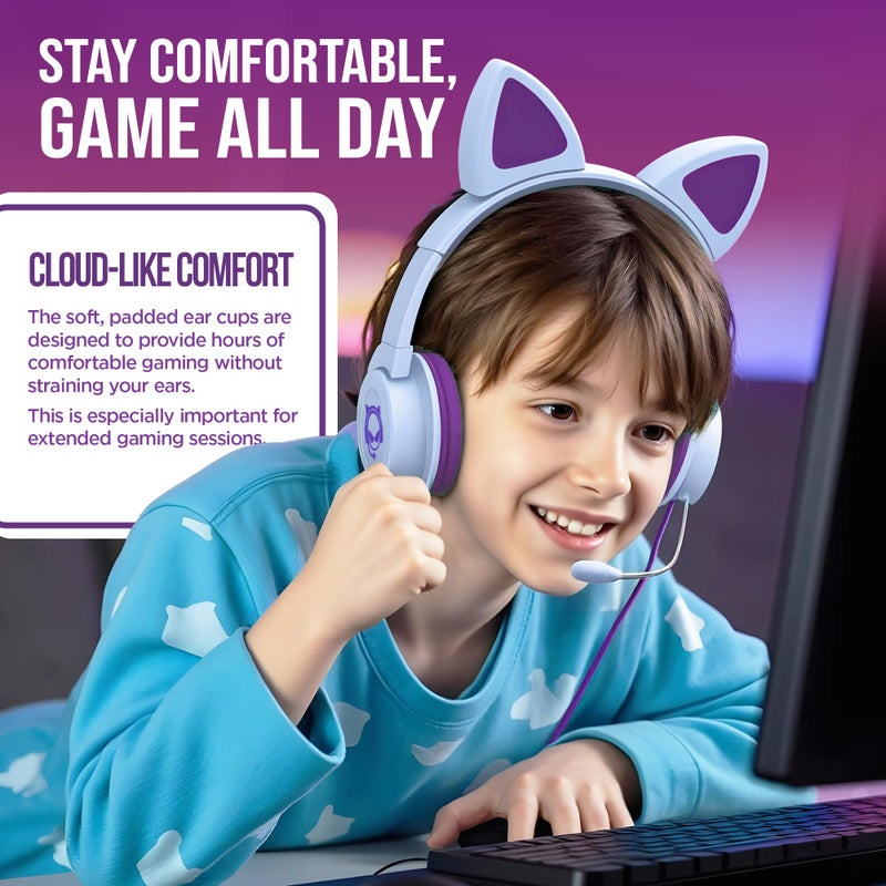 HyperGear Kombat Kitty Headphones for Kids Headphones with Cord Cute Cat Ear Kid Wired (Purple) Gaming Headset for Girls w/Mic Toddler Corded Headphone for Kids for School, Home, Streaming, Recording - Image 4