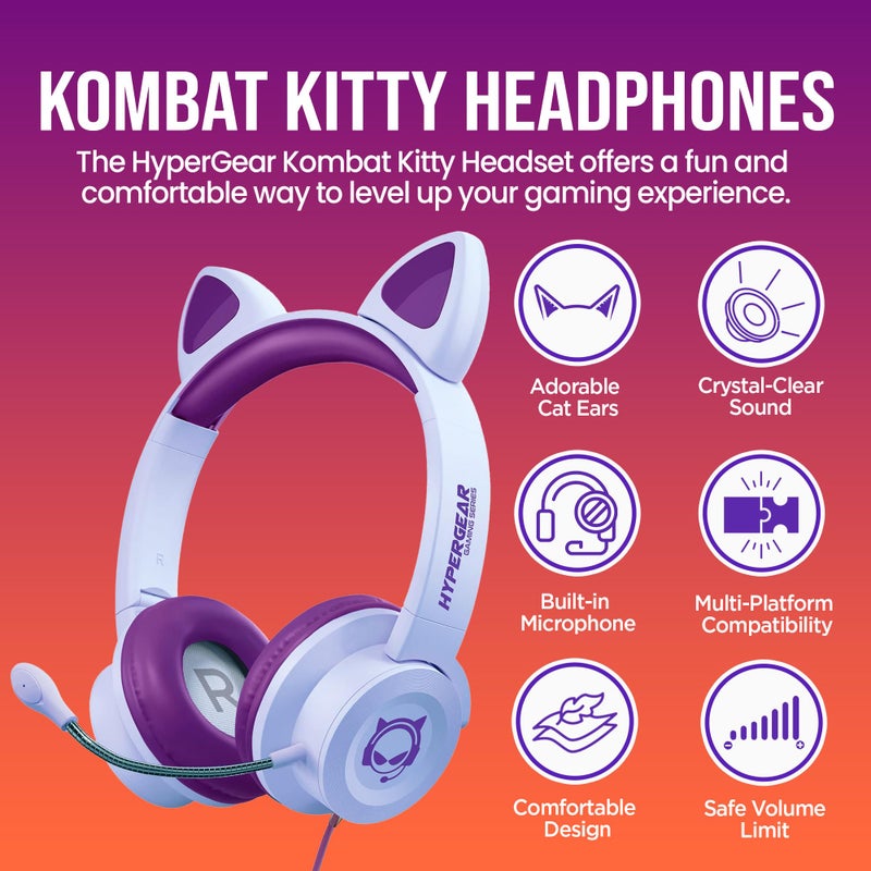 HyperGear Kombat Kitty Headphones for Kids Headphones with Cord Cute Cat Ear Kid Wired (Purple) Gaming Headset for Girls w/Mic Toddler Corded Headphone for Kids for School, Home, Streaming, Recording - Image 2