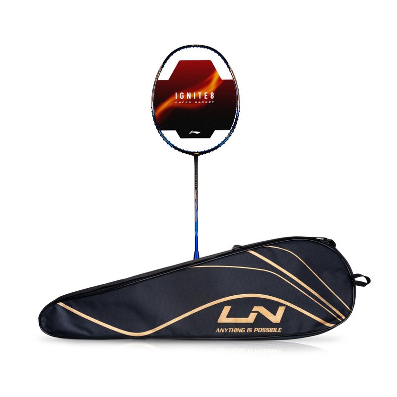 Li-Ning Ignite 8 Japanese Carbon Graphite Unstrung Badminton Racket with Full Cover (Black/Blue/Old Gold, 77 Grams) - Image 5