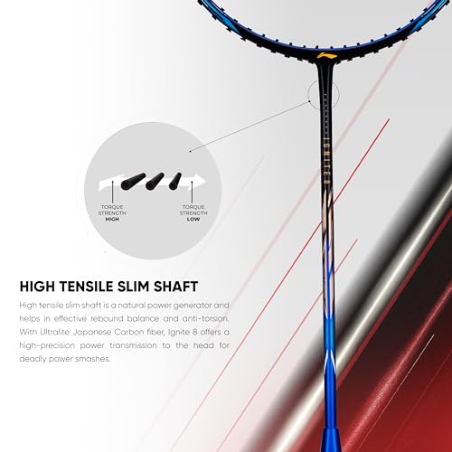Li-Ning Ignite 8 Japanese Carbon Graphite Unstrung Badminton Racket with Full Cover (Black/Blue/Old Gold, 77 Grams) - Image 2