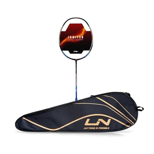 Li-Ning Ignite 8 Japanese Carbon Graphite Unstrung Badminton Racket with Full Cover (Black/Blue/Old Gold, 77 Grams) - Image 1