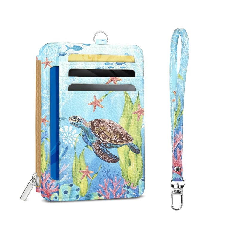 Vorruil Sea Turtle Credit Card Holder Slim Wallet, PU Leather Front Pocket Small Wallet Card Holder, RFID Blocking Women Wallets with Hand Strap Zip, Thin Cards Case ID Window, Travel Credit Cards Organizer - Image 1