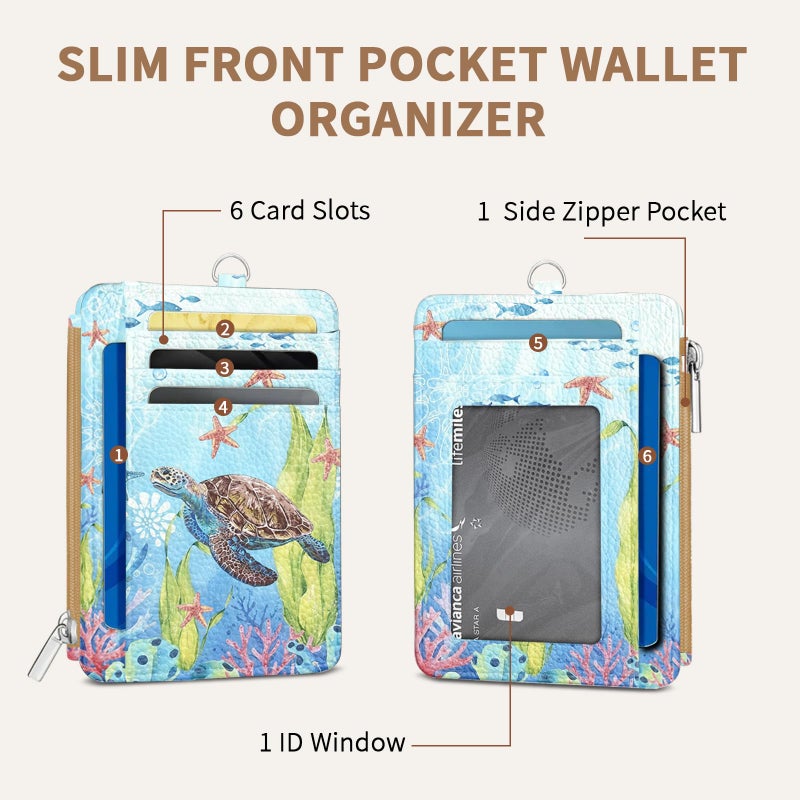 Vorruil Sea Turtle Credit Card Holder Slim Wallet, PU Leather Front Pocket Small Wallet Card Holder, RFID Blocking Women Wallets with Hand Strap Zip, Thin Cards Case ID Window, Travel Credit Cards Organizer - Image 4