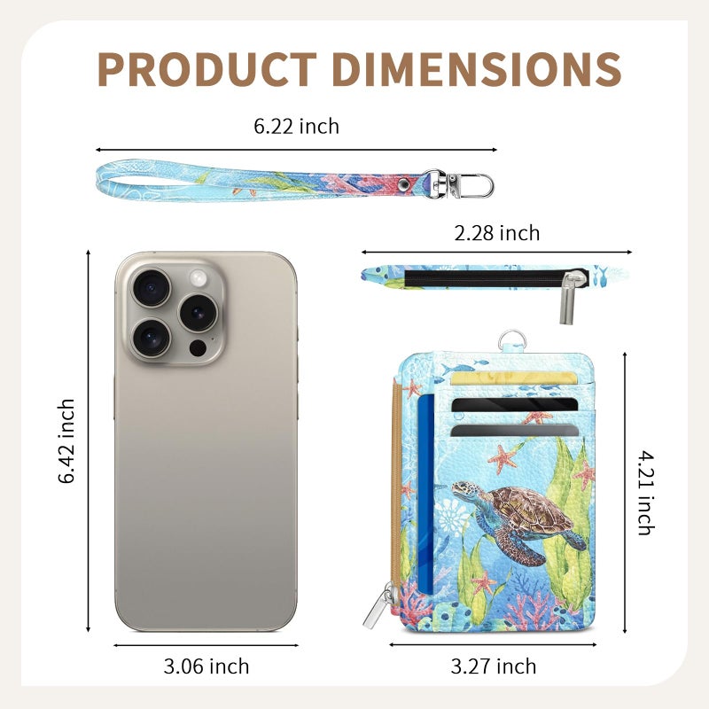 Vorruil Sea Turtle Credit Card Holder Slim Wallet, PU Leather Front Pocket Small Wallet Card Holder, RFID Blocking Women Wallets with Hand Strap Zip, Thin Cards Case ID Window, Travel Credit Cards Organizer - Image 2