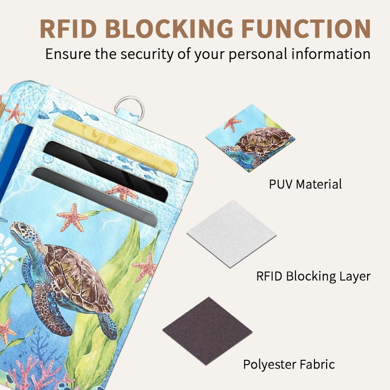 Vorruil Sea Turtle Credit Card Holder Slim Wallet, PU Leather Front Pocket Small Wallet Card Holder, RFID Blocking Women Wallets with Hand Strap Zip, Thin Cards Case ID Window, Travel Credit Cards Organizer - Image 3
