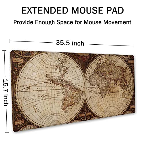 SSOIU Extended Gaming Mouse Pad XXL ArtSo Large Keyboard Mat Long Mousepad Desk Decor Writing Pad Non Slip Rubber Base Stitched Edges for Work, Game, Office, Home, 35.5" x 15.7", Vintage World Map - Image 2
