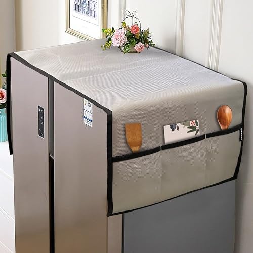 NABAAT Premium Fridge Cover Top for Double Door Refrigerator Kitchen Decor Durable Dustproof Waterproof Modern Design with 6 Side Pockets for Kitchen Accessories - 170 x 65cm (Light Grey) - Image 1