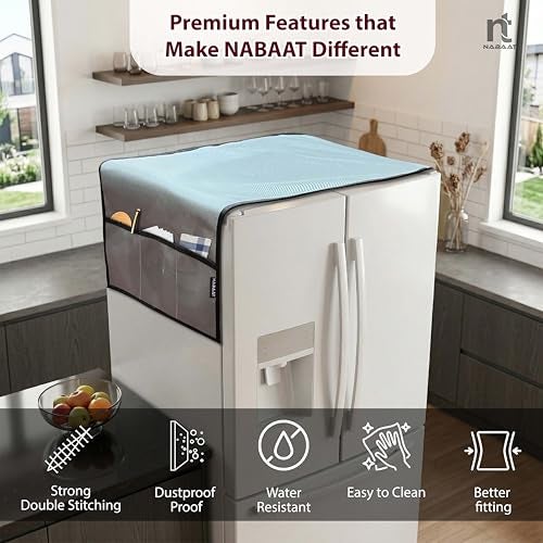 NABAAT Premium Fridge Cover Top for Double Door Refrigerator Kitchen Decor Durable Dustproof Waterproof Modern Design with 6 Side Pockets for Kitchen Accessories - 170 x 65cm (Light Grey) - Image 4
