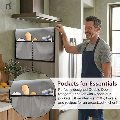 NABAAT Premium Fridge Cover Top for Double Door Refrigerator Kitchen Decor Durable Dustproof Waterproof Modern Design with 6 Side Pockets for Kitchen Accessories - 170 x 65cm (Light Grey) - Image 5