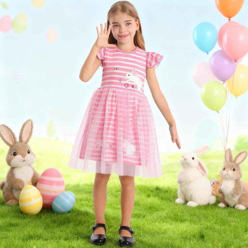 WonderBabe Easter Dresses for Toddler Girls Cute Bunny Rabbit Easter Crewneck Casual Print Dresses Flutter Sleeve Tulle Dress Clothes Size 5-6 Years Light Pink - Image 2