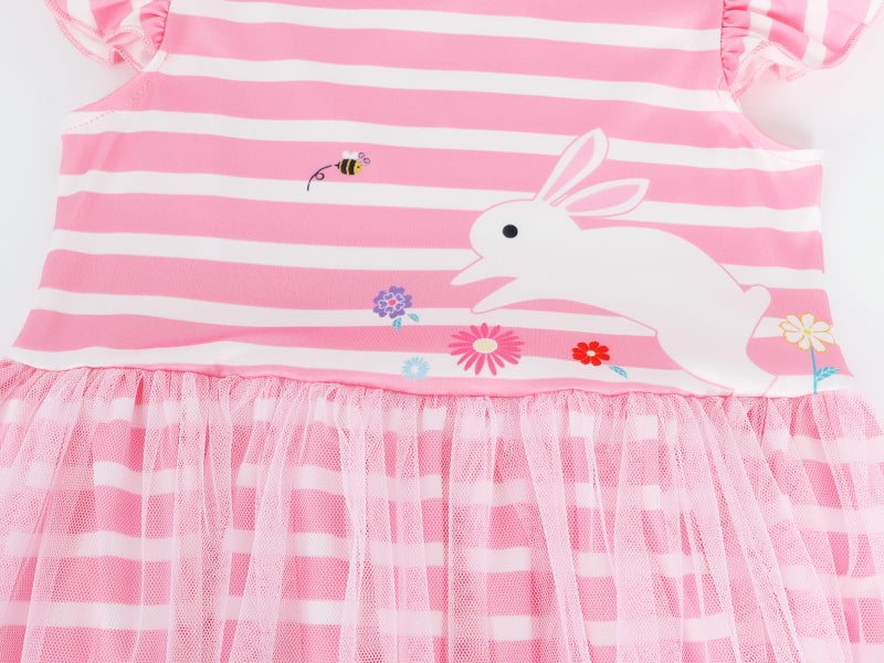 WonderBabe Easter Dresses for Toddler Girls Cute Bunny Rabbit Easter Crewneck Casual Print Dresses Flutter Sleeve Tulle Dress Clothes Size 5-6 Years Light Pink - Image 5