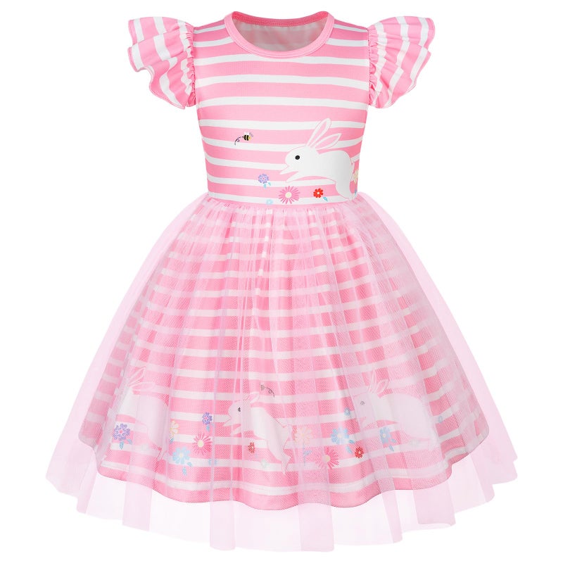 WonderBabe Easter Dresses for Toddler Girls Cute Bunny Rabbit Easter Crewneck Casual Print Dresses Flutter Sleeve Tulle Dress Clothes Size 5-6 Years Light Pink - Image 1