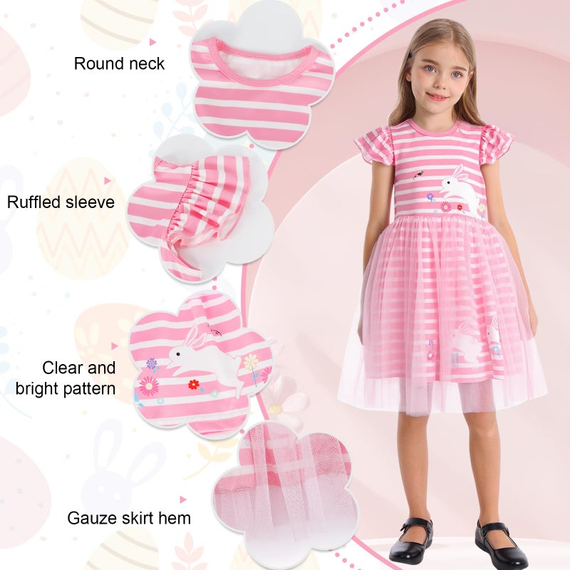 WonderBabe Easter Dresses for Toddler Girls Cute Bunny Rabbit Easter Crewneck Casual Print Dresses Flutter Sleeve Tulle Dress Clothes Size 5-6 Years Light Pink - Image 4