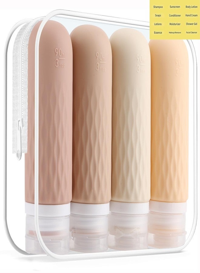 Voroly Travel Bottles Kit for Toiletries Organizer 90ml TSA Approved Silicone Containers Portable Split Bottle Accessories for Conditioner Shampoo Lotion - 4 Pack (CHEX, Beige) - Image 1